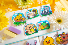 Load image into Gallery viewer, A playful bamboo sticker featuring a chunky, round character happily sipping on a cup of boba tea. The design has a cartoonish and whimsical style, with the character’s adorable chubby cheeks and a big smile, holding a boba cup filled with tapioca pearls. The natural bamboo texture adds an earthy, eco-friendly charm, while the vibrant details of the boba cup bring a fun pop of color. Perfect for adding a cute touch to water bottles, laptops, or notebooks