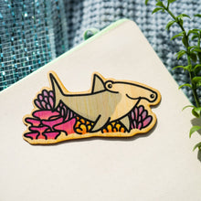 Load image into Gallery viewer, Belugabee Bamboo Sticker: Striking hammerhead shark design, crafted on eco-friendly bamboo, set against vibrant coral reefs. Elevate your style with this captivating 3x3-inch sticker. 🦈🌊🌿 #BambooSticker #HammerheadSharkDesign #CoralReefArt