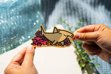 Load image into Gallery viewer, Belugabee Bamboo Sticker: Striking hammerhead shark design, crafted on eco-friendly bamboo, set against vibrant coral reefs. Elevate your style with this captivating 3x3-inch sticker. 🦈🌊🌿 #BambooSticker #HammerheadSharkDesign #CoralReefArt