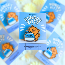 Load image into Gallery viewer, A cute wooden pin featuring an adorable kitty with big eyes, eagerly looking at a bowl of food. This eco-friendly pin has a playful, hand-carved design, perfect for adding a touch of feline charm to your bag or jacket! 🐱🍽️✨