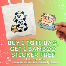 Load image into Gallery viewer, A playful tote bag featuring a cute panda happily enjoying a bowl of ramen with chopsticks. This eco-friendly bag has an adorable hand-drawn design, perfect for ramen lovers and panda fans alike! 🐼🍜✨