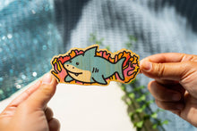 Load image into Gallery viewer, A fintastic set of three eco-friendly bamboo stickers featuring adorable sharks in playful and dynamic poses! Perfect for decorating water bottles, laptops, notebooks, and more. A must-have for shark lovers and ocean enthusiasts!
