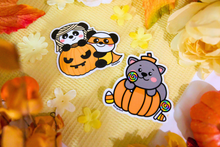 Load image into Gallery viewer, A cute black cat sitting beside a pumpkin, with colorful candies scattered around it, and a playful panda holding a Halloween lantern. The cat and panda are both surrounded by a festive, spooky atmosphere, making it a perfect Halloween scene