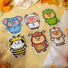 Load image into Gallery viewer, Adorable Halloween sticker set featuring a mouse dressed in an elephant costume, a pig in a sheep costume, a cat in a crocodile costume, a cow in a bee costume, and other cute animals in creative costumes, perfect for adding playful charm to your belongings