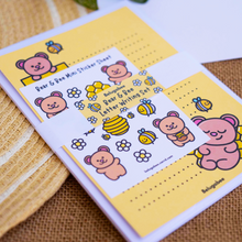 Load image into Gallery viewer, Bear and Bee Letter Writing Set, Bear and Honey, Paper notes, Stickers, yellow, honey, bee, bee hive, white flowers, sleeping brown bear