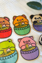 Load image into Gallery viewer, Bamboo Stickers of Kitty Cat and Panda enjoying delicious ramen, showcasing their whimsical charm and versatility on various surfaces. 🐱🐼🍜 #KittyCatRamen #PandaRamen #BambooStickerArt