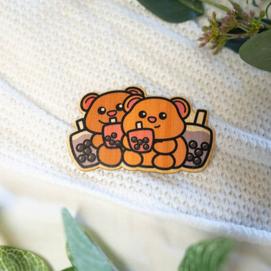 Bamboo Sticker of Bear and Boba, Brown, Cute, four boba cups, two bears drinking boba 