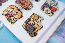 Load image into Gallery viewer, Belugabee Bamboo Sticker: Unleash the purrfection with a cat enjoying boba! Elevate your style with this eco-friendly 3x3-inch sticker. 🐱🍵 #BambooSticker #CatAndBoba