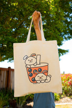 Load image into Gallery viewer, Belugabee Bamboo Sticker: Adorable bunnies enjoying boba on the front side of your tote bag. Elevate your style with this eco-friendly 3x3-inch sticker. 🐇🍵 #BambooSticker #BunniesAndBoba #ToteBagDecor