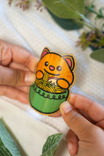 Load image into Gallery viewer, Kitty Cat Ramen Bamboo Sticker being bent, showcasing its flexibility and durability. 🐾🍜 #BendableBambooArt #FlexibleSticker #DurableDesign