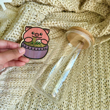 Load image into Gallery viewer, Belugabee Glass Cup Set: 16 oz glass cup with bamboo lid, glass straw, and a charming pig ramen bamboo sticker. Personalize your sipping experience with this delightful and eco-friendly ensemble. 🥤🐷🍜 #GlassCupSet #BambooLid #EcoFriendlySipping #PigRamenSticker