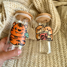 Load image into Gallery viewer, Set of 2 Glass Cups with Bamboo Lids & Bamboo Stickers