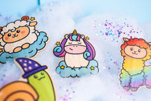 Load image into Gallery viewer, Unicorn, rainbow alpaca, wizard snail, and dreamy sheep depicted in a charming composition of fantasy and wonder. 🌈🦄🐌🐑 #MagicalStickers #BambooArt #FantasyMagic