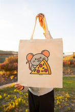 Load image into Gallery viewer, A fun and quirky design featuring a little mouse happily munching on a slice of delicious pizza! Printed on a durable, eco-friendly tote bag, perfect for carrying books, groceries, or your favorite snacks. A playful choice for pizza lovers and animal enthusiasts!