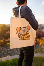 Load image into Gallery viewer, A fun and quirky design featuring a little mouse happily munching on a slice of delicious pizza! Printed on a durable, eco-friendly tote bag, perfect for carrying books, groceries, or your favorite snacks. A playful choice for pizza lovers and animal enthusiasts!