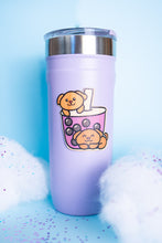 Load image into Gallery viewer, An adorable group of puppies playfully peeking out of a boba tea cup, with tapioca pearls at the bottom. This eco-friendly bamboo sticker features a cute, hand-drawn style, perfect for decorating laptops, water bottles, and notebooks! 🐶🧋✨