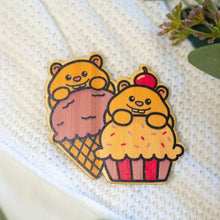 Load image into Gallery viewer, his set includes stickers featuring hamsters with various desserts, such as cupcakes and ice cream cones. Each sticker is made from sustainable bamboo and is eco-friendly.