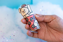 Load image into Gallery viewer, Belugabee Bamboo Sticker: Flexible and durable - Bunnies enjoying boba showcased in a bent position. Elevate your style with this eco-friendly 3x3-inch sticker. 🐇🍵 #BambooSticker #FlexibleAndDurable #BunniesAndBoba