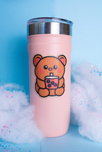 Load image into Gallery viewer, Belugabee Bamboo Sticker: Demonstrating durability and flexibility – Adorable brown bear enjoying chunky boba, bending the sticker to showcase its eco-friendly resilience on a water bottle/Stanley cup. Elevate your style with this 3x3-inch sticker. 🐻🍵 #BambooSticker #ChunkyBobaBear #FlexibilityAndDurability #WaterBottleDecor