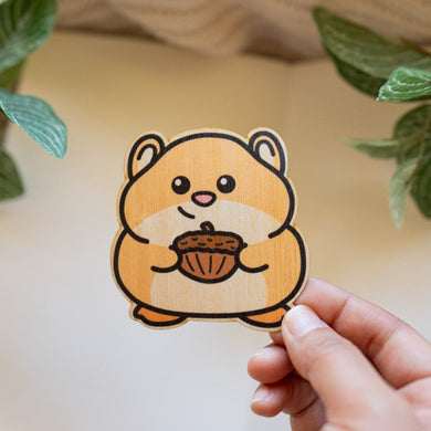 Belugabee Bamboo Wood Sticker: Charming Chunky Hamster with Acorn design, crafted on eco-friendly bamboo. Elevate your style with this adorable 3x3-inch sticker. 🐹🌰 #BambooWoodSticker #ChunkyHamsterAcorn #NatureInspiredArt