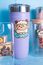 Load image into Gallery viewer, Belugabee Dreamy Sheep Bamboo Sticker: Charming design of a dreamy sheep on clouds with two stars, adorning a purple Stanley-style cup. Elevate your style with this eco-friendly 3x3-inch bamboo sticker. 🐑✨ #BambooSticker #DreamySheep #PurpleCupDecor