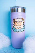 Load image into Gallery viewer, Belugabee Dreamy Sheep Bamboo Sticker: Charming design of a dreamy sheep on clouds with two stars, adorning a purple Stanley-style cup. Elevate your style with this eco-friendly 3x3-inch bamboo sticker. 🐑✨ #BambooSticker #DreamySheep #PurpleCupDecor