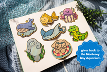 Load image into Gallery viewer, Aquatic Animals Bamboo Sticker Set of 7, Whale, Stingray, Elephant, Crocodile, Jellyfish, Manatee, jellyfish with bubbles, elephant with swimming goggles and inflatable float
