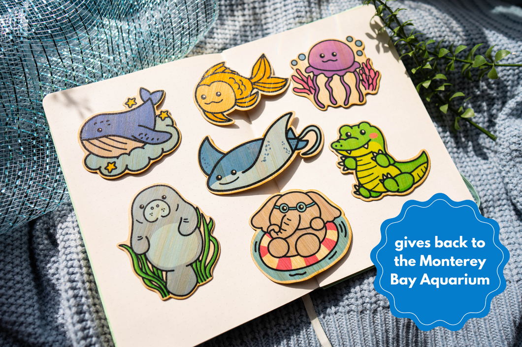 Aquatic Animals Bamboo Sticker Set of 7, Whale, Stingray, Elephant, Crocodile, Jellyfish, Manatee, jellyfish with bubbles, elephant with swimming goggles and inflatable float