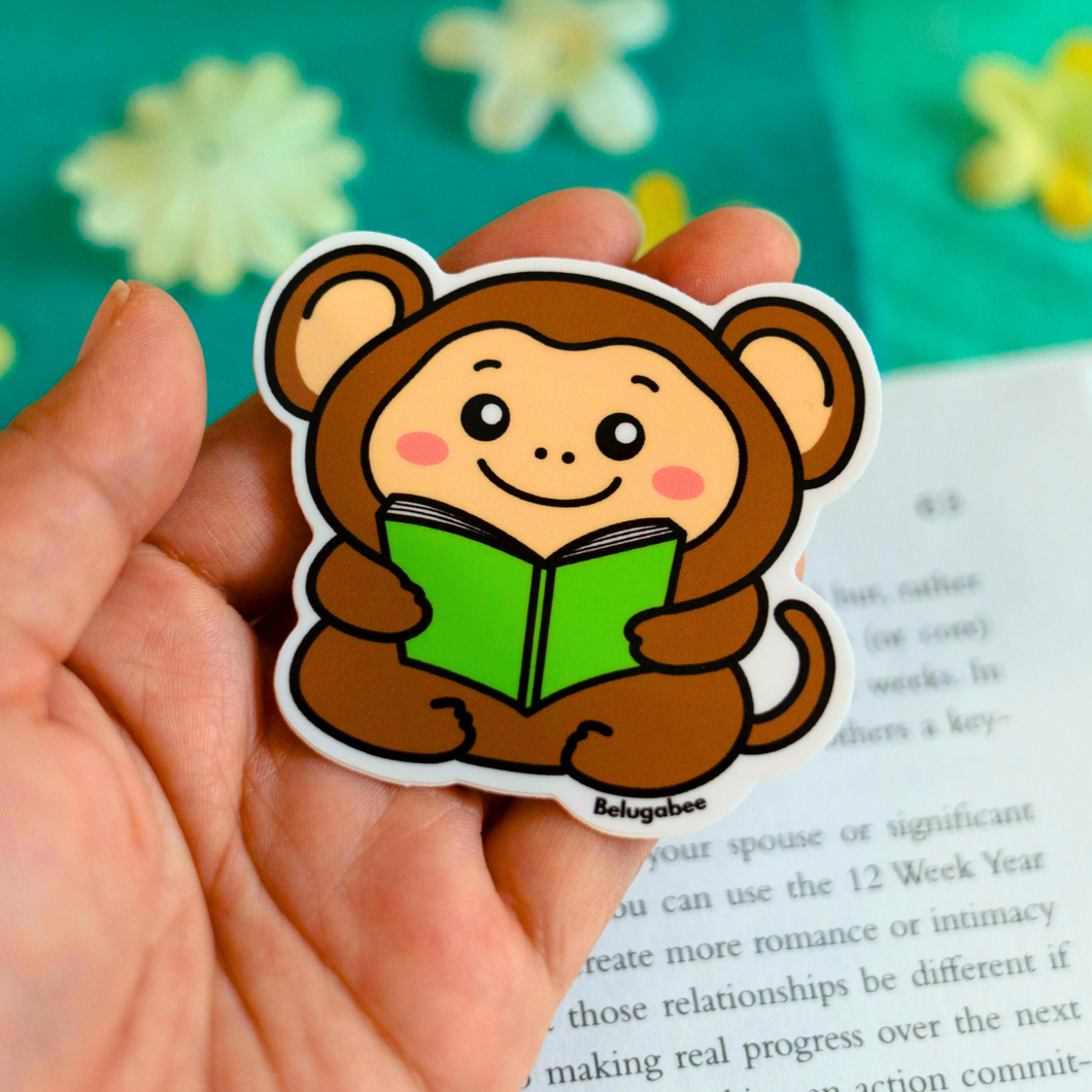 Monkey Reading Glossy Sticker