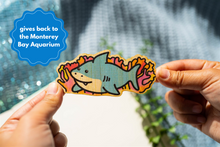 Load image into Gallery viewer, Belugabee Bamboo Sticker: Majestic great white shark design, crafted on eco-friendly bamboo, with vibrant coral reefs in the backdrop. Elevate your style with this captivating 3x3-inch sticker. 🦈🌊🌿 #BambooSticker #GreatWhiteSharkDesign #CoralReefArt
