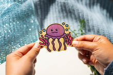 Load image into Gallery viewer, Purple Jellyfish Bamboo Sticker, Jellyfish, jellyfish with corals and bubbles
