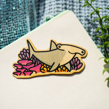 Load image into Gallery viewer, Belugabee Bamboo Sticker: Striking hammerhead shark design, crafted on eco-friendly bamboo, set against vibrant coral reefs. Elevate your style with this captivating 3x3-inch sticker. 🦈🌊🌿 #BambooSticker #HammerheadSharkDesign #CoralReefArt
