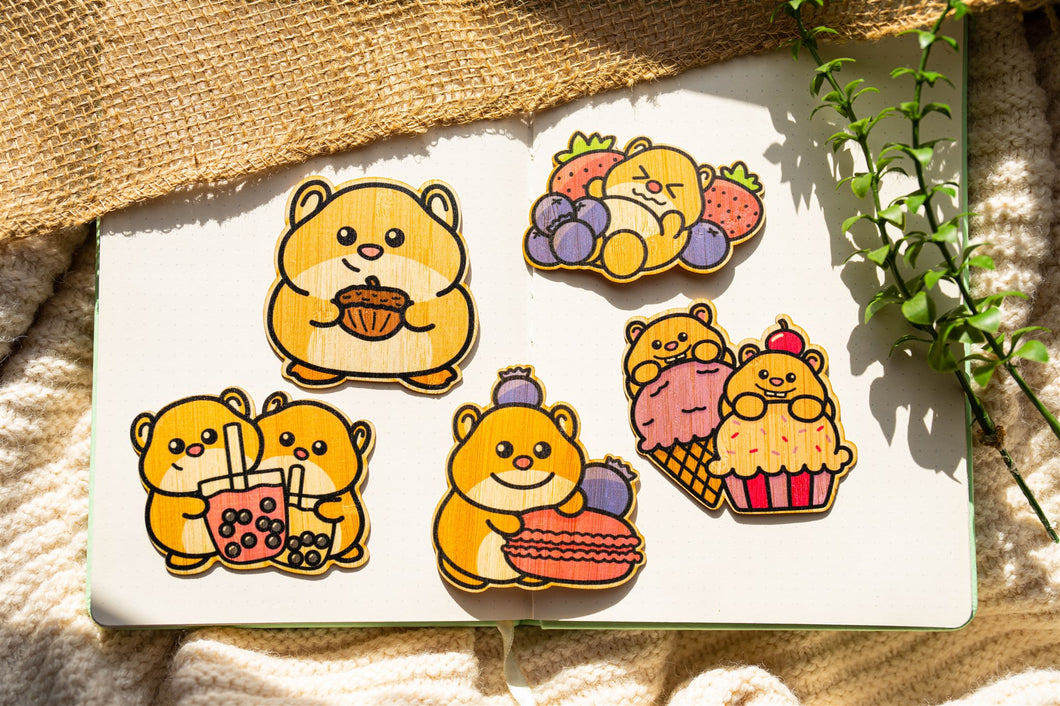 Belugabee Hamster Bamboo Sticker Set Alt Text: A delightful collection of five 3x3-inch stickers featuring adorable hamster designs. From hamsters with acorns to boba cups, each crafted on eco-friendly bamboo for a charming touch to any surface. 🐹🌿 #HamsterStickerSet #CuteBambooStickers #AdorableHamsters