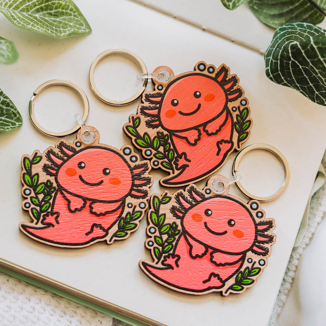 Three Pink Axolotl Wooden Keychain, Corals green with bubbles