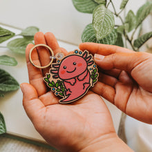 Load image into Gallery viewer, Pink Axolotl Wooden Keychain solo, Corals and Bubbles
