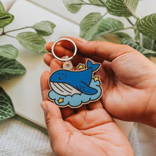 Load image into Gallery viewer, Belugabee Dreamy Whale Wooden Keychain: Solo keychain crafted from responsibly sourced cherry veneer wood, featuring a dreamy whale in vibrant colors. Elevate your style with this eco-friendly 2.5-inch accessory. 🐋🔑 #DreamyWhaleKeychain #WoodenAccessories #SoloKeychain
