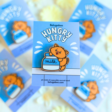 Load image into Gallery viewer, A cute wooden pin featuring an adorable kitty with big eyes, eagerly looking at a bowl of food. This eco-friendly pin has a playful, hand-carved design, perfect for adding a touch of feline charm to your bag or jacket! 🐱🍽️✨
