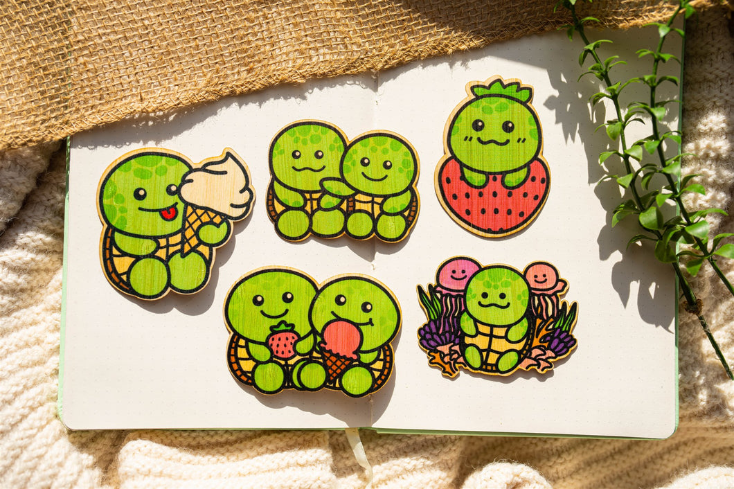 A delightful set of turtle-themed bamboo stickers featuring cute and playful turtles in different poses. This eco-friendly sticker set is perfect for decorating laptops, water bottles, and journals with a touch of ocean charm! 🐢💚✨