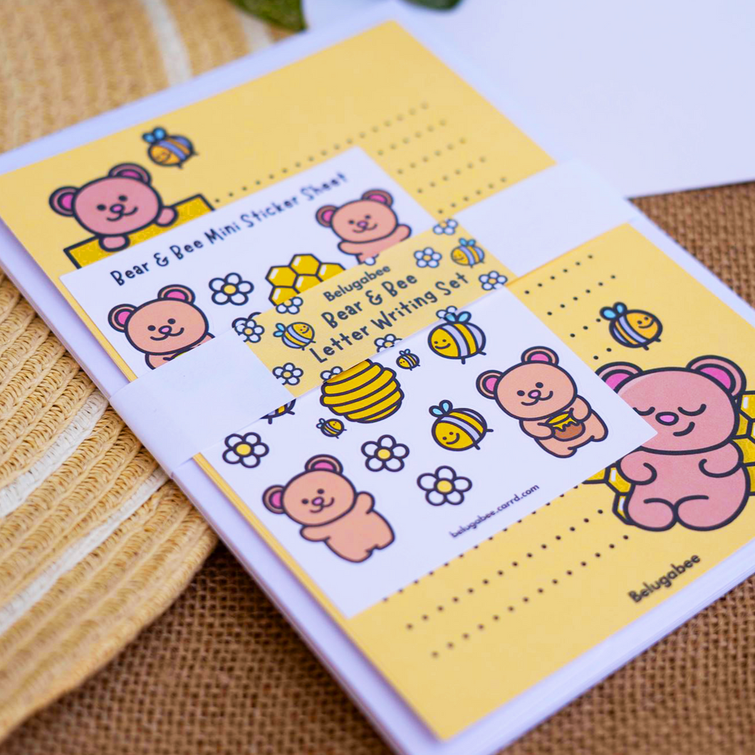 Bear and Bee Letter Writing Set, Bear and Honey, Paper notes, Stickers, yellow, honey, bee, bee hive, white flowers, sleeping brown bear