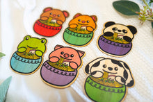 Load image into Gallery viewer, Animals with Ramen Bamboo Stickers, Bear, Cat, Frog, Panda, Pig, Dog, Dalmatian, red, green, purple, blue, pink, white, black, orange
