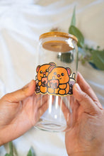 Load image into Gallery viewer, Bamboo Sticker Bear and Boba on Glass Cup, wood bamboo sticker of two bears drinking boba 
