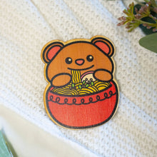 Load image into Gallery viewer, Bamboo Sticker of Bear Ramen Front Side, Red Ramen Bowl, Bear Slurping Noodles, Green Onions 
