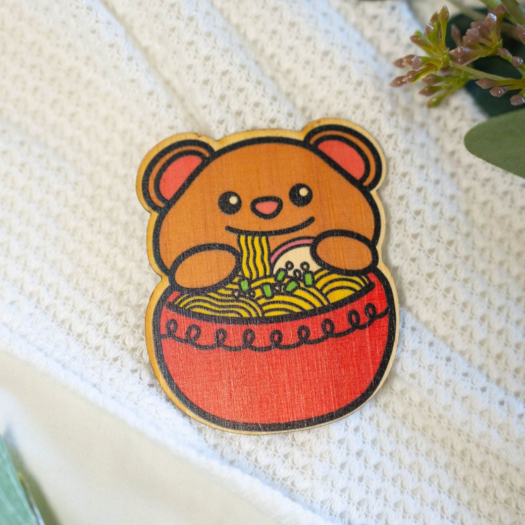 Bamboo Sticker of Bear Ramen Front Side, Red Ramen Bowl, Bear Slurping Noodles, Green Onions 