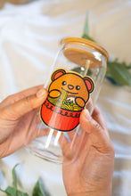 Load image into Gallery viewer, Bamboo Sticker Bear Ramen on Glass Cup, Brown Bear with Red Ramen Bowl Sticker on a water cup
