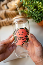 Load image into Gallery viewer, Pink Axolotl Bamboo Sticker on Glass Cup, Wood Sticker stuck on side of cup
