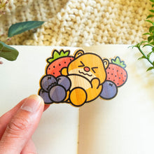 Load image into Gallery viewer, Belugabee Hamster Fruit Bamboo Sticker Alt Text: Adorable hamster surrounded by two juicy strawberries and four plump blueberries, intricately designed on eco-friendly bamboo. 🐹🍓🫐 #BambooSticker #HamsterFruitDesign #CuteDecor
