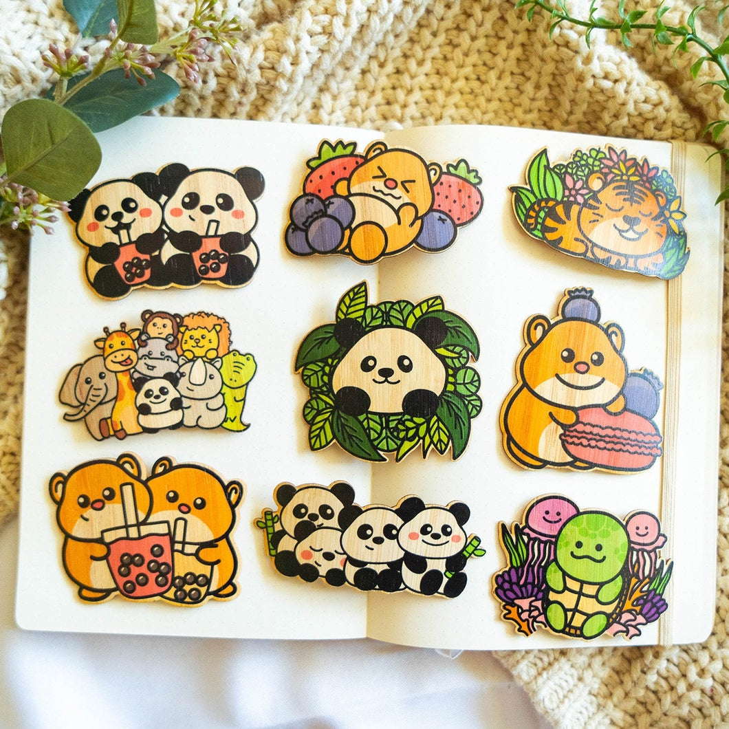 9 bamboo stickers of animals on a notebook, panda boba bamboo sticker, hamster with macaroon, turtle with jellyfish, bear with boba, tiger sleeping, bamboo, Green Pink Blue Black and White
