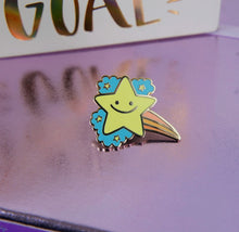 Load image into Gallery viewer, Hopeful Star Enamel Pin Alt Text: A gleaming 1.5-inch enamel pin, featuring a hopeful star design with gold plating and secured by a black rubber clutch, ready to adorn your collection with positivity. 🌟 #EnamelPin #HopefulStar #CollectiblePins
