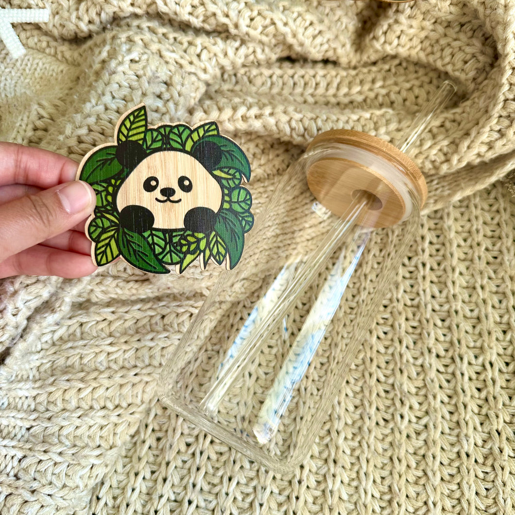 Belugabee Glass Cup Set: 16 oz glass cup with bamboo lid, glass straw, and an adorable panda with leaves bamboo sticker. Personalize your sipping experience with this eco-friendly ensemble. 🥤🐼🌿 #GlassCupSet #BambooLid #EcoFriendlySipping #PandaSticker