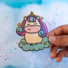 Load image into Gallery viewer, Unicorn with rainbow on bamboo background. 🦄🌈 #BambooSticker #MagicalUnicorn #EcoFriendlyArt
